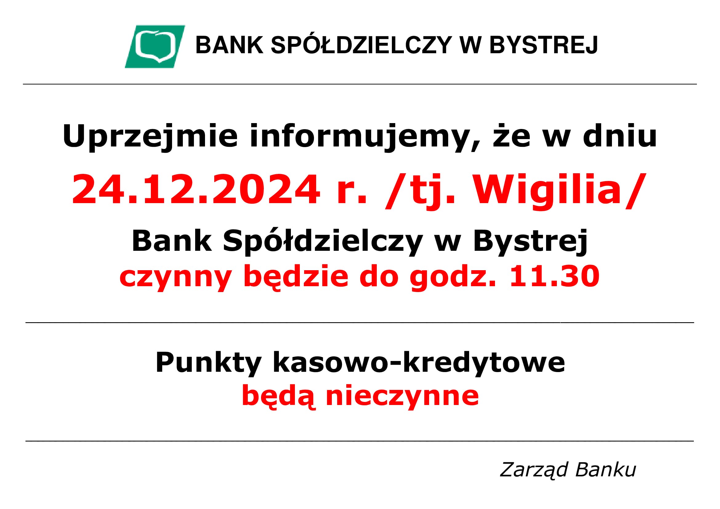 Godziny pracy 24-12-2024 r.